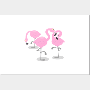 Cute pink flamingo trio cartoon illustration Posters and Art